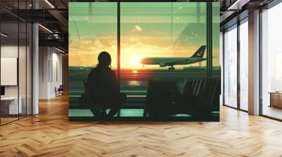 travel by plane, woman passenger waiting in airport, silhouette of passenger watching aircraft taking off , ai Wall mural