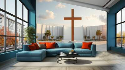 very bright image of a cross on a white outdoor studio background with beautiful lighting, ai Wall mural