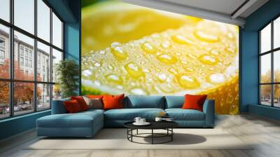 Water drops on ripe sweet lemon. Fresh lime background with copy space for your text. Vegan and vegetarian concept , ai Wall mural