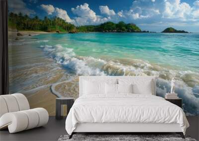 waves on the coastline of sandy beaches in summer paradise while on vacation, ai Wall mural