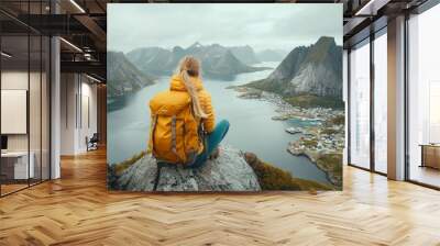 Woman mountaineering with backpack solo girl traveling in Lofoten islands enjoying aerial view tourist hiking outdoor in Norway healthy lifestyle active summer vacations wanderlust adventure trip , ai Wall mural