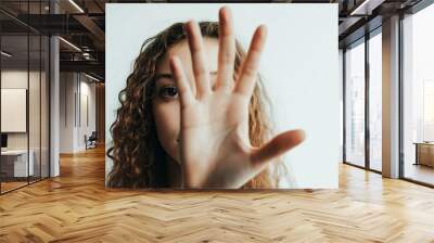 Woman showing hand on white background, closeup , ai Wall mural