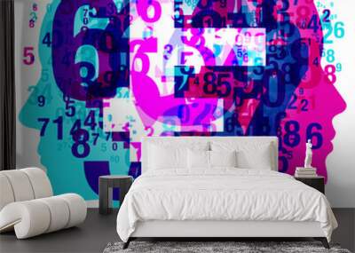 2 back-to-back figure silhouettes overlaid randomly with various sized semi-transparent numbers. A large semi-transparent white “French Franc” currency symbol is placed centrally. Wall mural