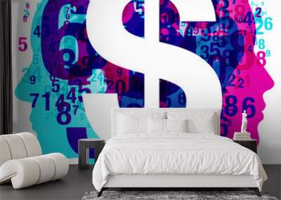 2 back-to-back figure silhouettes overlaid with semi-transparent numbers. Centrally positioned is a large white “Dollar” currency symbol. Wall mural