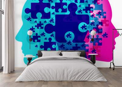 A male and female side silhouette positioned back to back, overlaid with various semi-transparent Jigsaw puzzle piece shapes. Each seperate Puzzle piece represents each individual thoughts. Wall mural