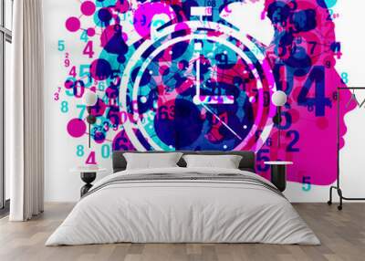 A right facing female profile overlaid with various sized numbers and linked circular grids. A large white translucent classic alarm clock icon is placed centrally. Wall mural