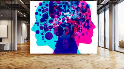 A vibrant digital artwork depicts multiple silhouettes of human heads overlayed with an array of numbers and dots, symbolizing the complexity and analytical aspect of brain and thought processes. Wall mural