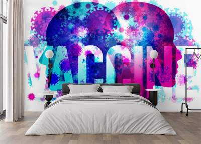 This artwork presents a vibrant blend of virus icons superimposed on the profiles of two people. The word VACCINE is prominently displayed across the centre, conveying a message about the significance Wall mural