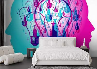 Two silhouetted profiles facing away from each other with a vibrant overlay of interconnected light bulbs symbolising a dynamic brainstorming session and the flow of creative ideas between individuals Wall mural