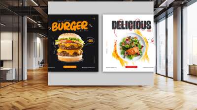 Food social media banner design template. Burger and delicious social media post vector illustration. Square size. Wall mural