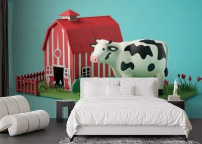 3D Rendered Farm Scene with Cow and Barn Wall mural