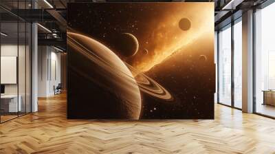 A ringed gas giant planet in a golden nebula with distant stars and a bright star in the distance. Wall mural