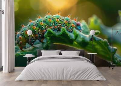 A Vibrant Caterpillar on a Leaf Wall mural