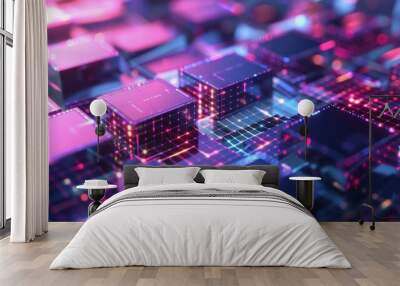 Abstract Digital Network with Neon Lights Wall mural