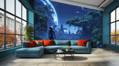 Alien Landscape: Astronaut Gazes Upon a Distant World Wall mural