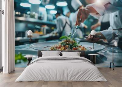 Chef Finishing a Salad in a Restaurant Kitchen Wall mural