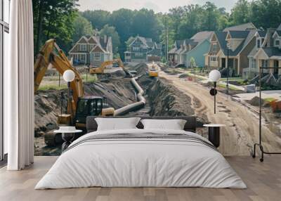 Construction Site with Excavators and New Houses Wall mural