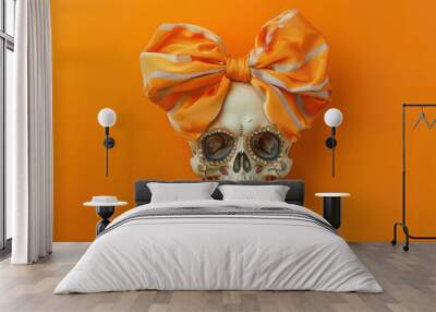 Decorated Skull with Orange Striped Bow on Orange Background Wall mural