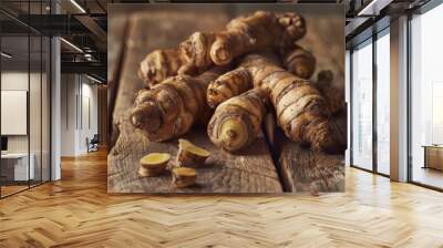 Fresh Galangal Root on Wooden Surface Wall mural