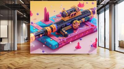 Fun 3D Game Long-Barreled Weapon on Colorful Board: A detailed isometric 3D illustration of a long-barreled weapon icon, rendered with game-inspired textures and details.  Wall mural