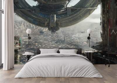 Futuristic Cityscape with Giant Spaceship Wall mural