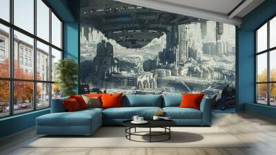 Futuristic Cityscape with Giant Spaceship Wall mural