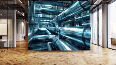 Industrial Steel Pipes and Metal Structures in a Factory Wall mural