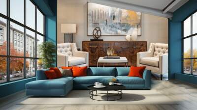 Modern Living Room Interior with Two Armchairs, a Wooden Cabinet, and Abstract Art Wall mural