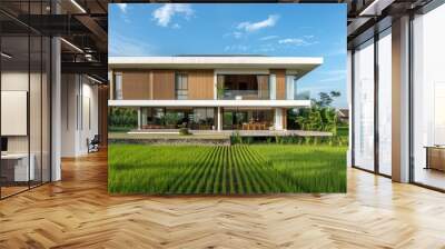 Modern Villa In Rice Paddy Field Wall mural