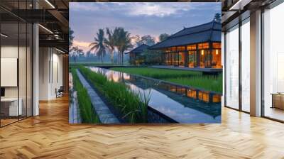 Modern Villa with Rice Paddies Wall mural