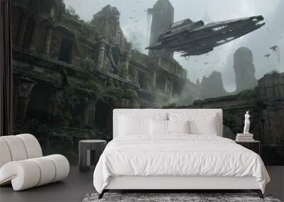 Ruined City with Flying Ship Wall mural