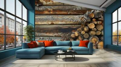 Stacked Logs Against a Wooden Wall Wall mural