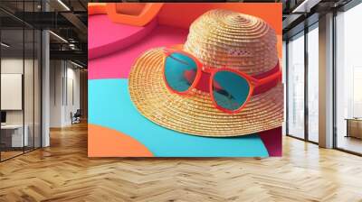 Straw Hat and Sunglasses on Colorful Background Wall mural