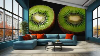 Two Kiwi Halves on Black Background Wall mural