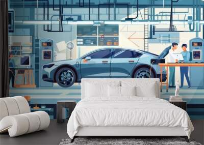 Two Men Working on a Car in a Garage with Technological Equipment Wall mural