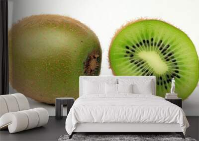 Whole Kiwi and Sliced Kiwi on a White Background Wall mural