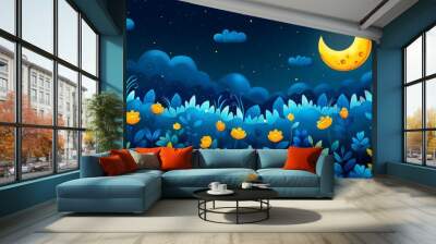 beautiful jungle landscape nature digital art with moon shining in night scene illustration, night view with colorful cool bluish effect and clouds with dark sky through foggy, greeny mountain range c Wall mural