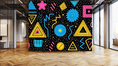 Colorful isometric triangles, zigzags, stars, circles with dots in dark background, colorful geometric memphis in 80s style Wall mural