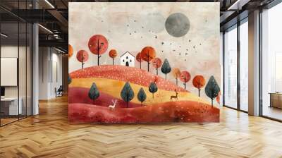 Colorful watercolor autumn landscape in digital painting of fantasy autumn with diverse tree shapes and rolling hills, wonderland nature in fall season illustration Wall mural