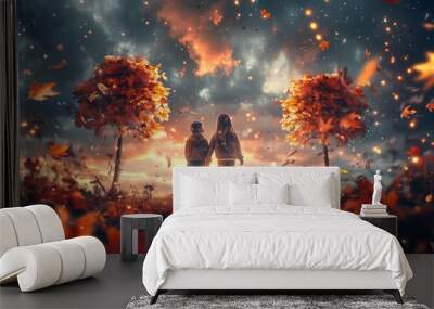 Digital art moon with the scenery digital art colorful sky view, concept of fantasy of silhouette two people with aurora view in the sky  Wall mural