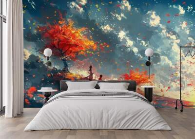 Digital art moon with the scenery digital art colorful sky view, concept of fantasy of silhouette two people with aurora view in the sky  Wall mural