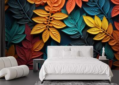 a colourful wall with leaves that say autumn. Wall mural