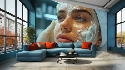 Closeup of a beautiful girl with facial mask applied Wall mural