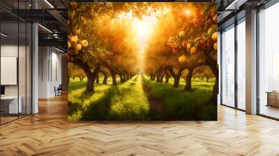 a bountiful orchard filled with luscious, ripe fruit trees under the warm, golden rays of the sun, evoking the essence of a fruitful harvest. Wall mural