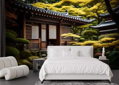 A Japanese tea house back door with a view of a serene garden.  Wall mural