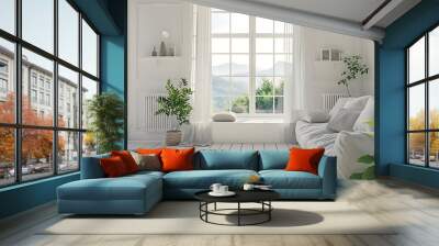 Scandinavian style interior of a white living room with a sofa and window overlooking nature Wall mural