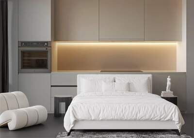 The interior of a modern kitchen in white and beige colors, with an empty counter and a built-in oven on the left side Wall mural