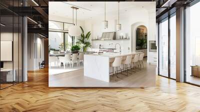 White kitchen with island and barstools Wall mural