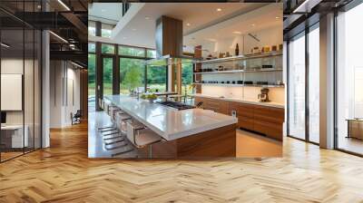 Write about the modern design of a kitchen with a large island and open shelving  Wall mural