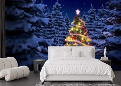 illuminated christmas tree in pine woods at night Wall mural